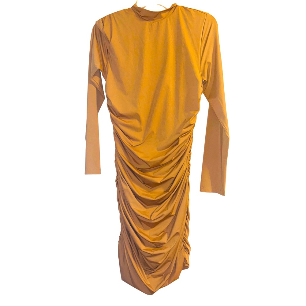 Ten By Babaton Tan Long Sleeve Ruched Dress Large nude